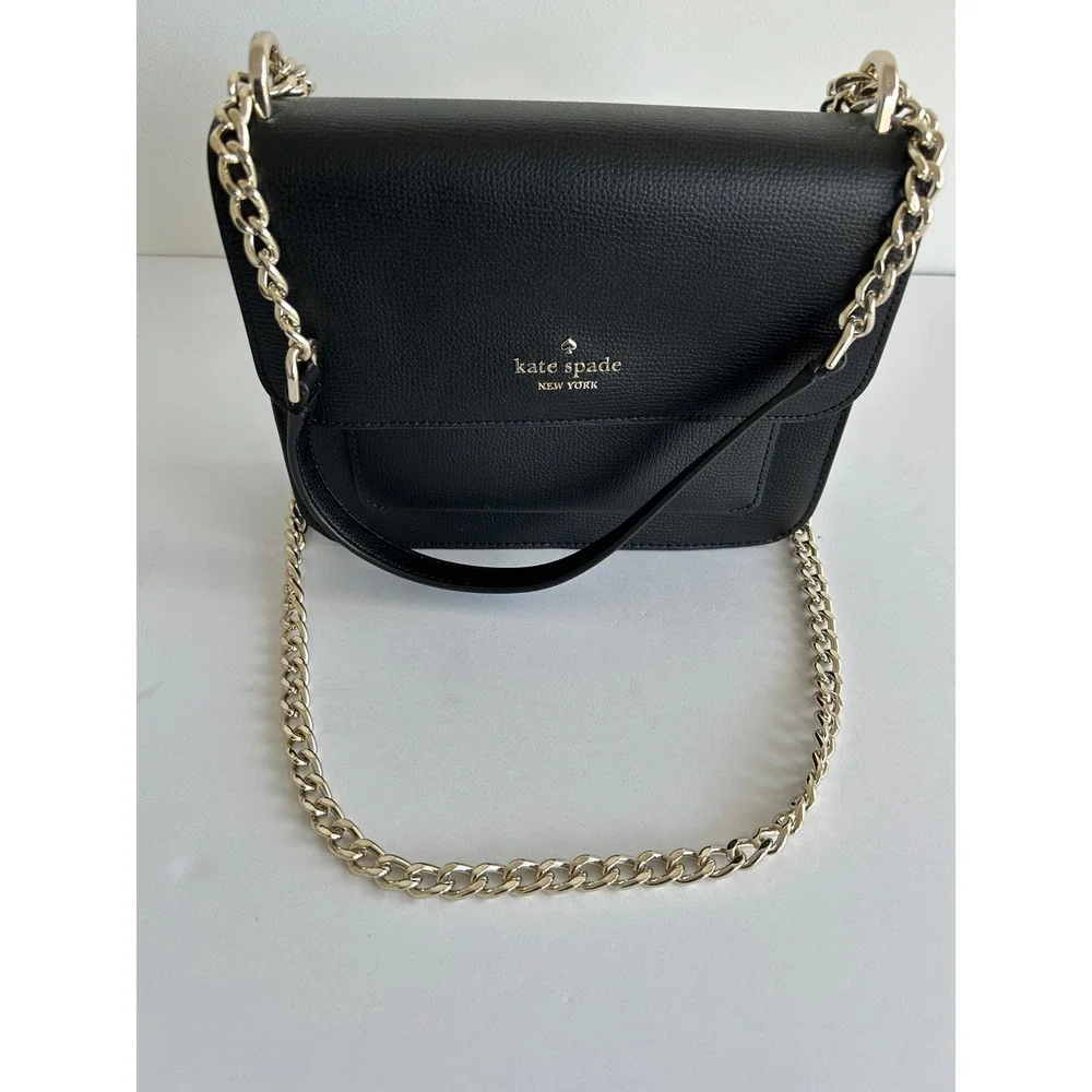 Kate Spade New York Black Pebbled Leather Crossbody Bag Gold Chain Strap